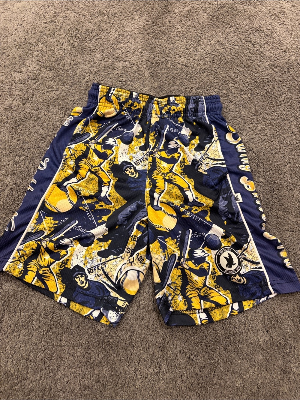 Boys Athletic Shorts in Navy and Yellow with Baseball Graphic
